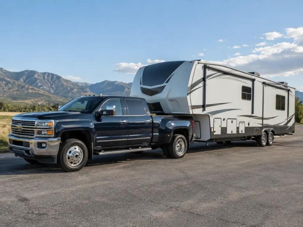 50K 5th wheel hitch setup with a heavy-duty truck towing a large fifth-wheel trailer