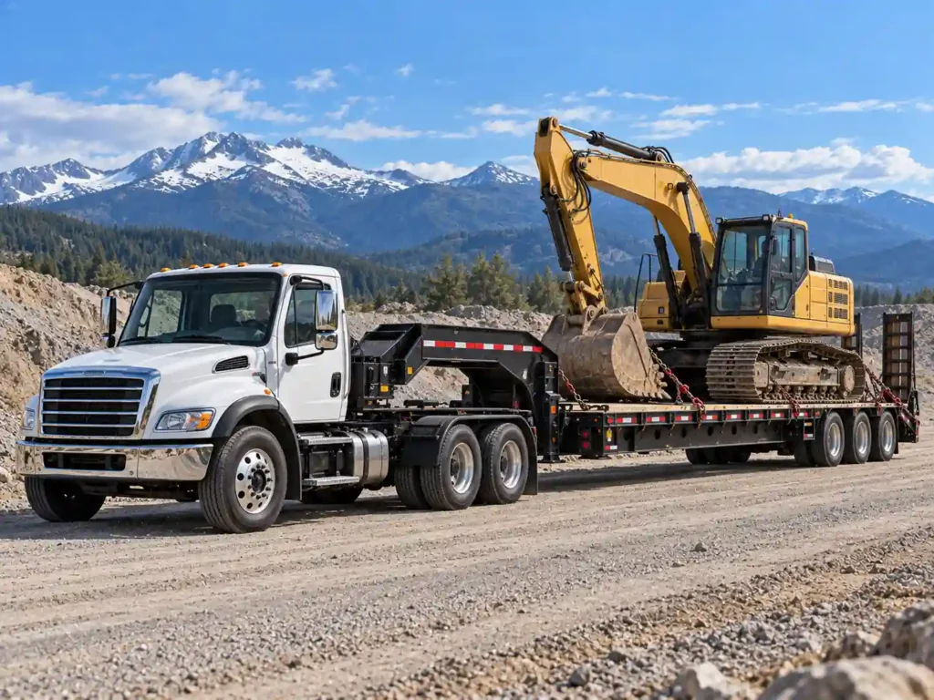 50K 5th wheel hitch heavy-duty truck towing construction equipment on a gooseneck trailer